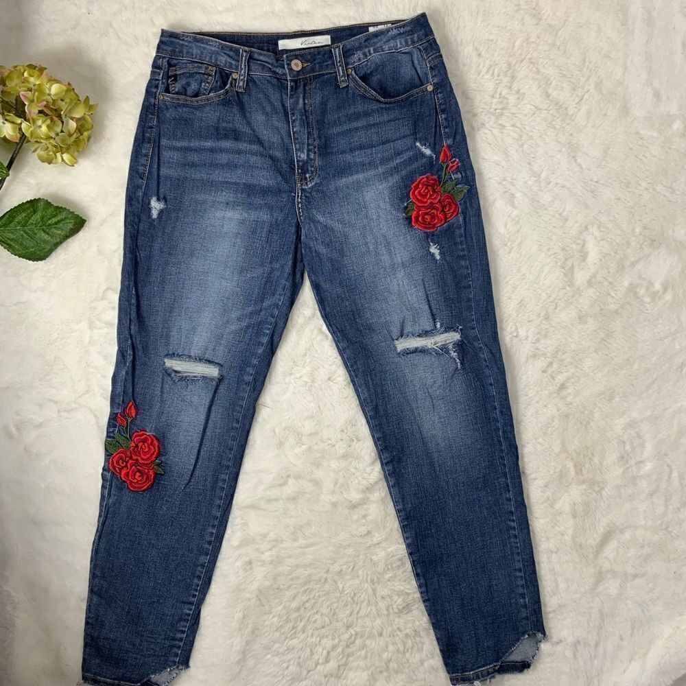 KANCAN embroidered distressed skinny jeans